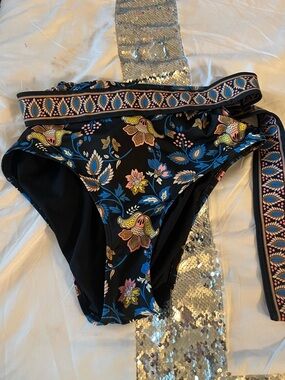 Floral Print High-Waist Bikini Bottom - Black/Pink/Blue